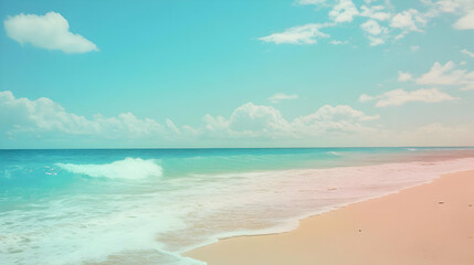 Fototapeta premium A serene beach scene with gentle waves, soft sand, and a bright, colorful sky.