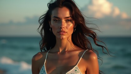 A woman in a white bikini standing on the beach