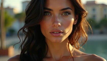 Obraz premium A woman with long brown hair and green eyes