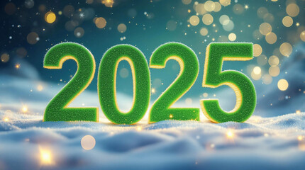 Green 3D numerals. 2025 Happy New Year text with on blue light background