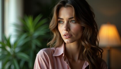 Fototapeta premium A woman in a pink shirt looking out a window