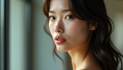 Fototapeta premium A woman with long brown hair looking out a window