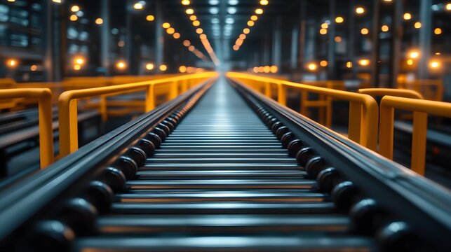 An industrial conveyor belt system in a modern warehouse features empty metal rollers and reflective surfaces under bright ceiling lights, emphasizing a clean and efficient logistics facility.
