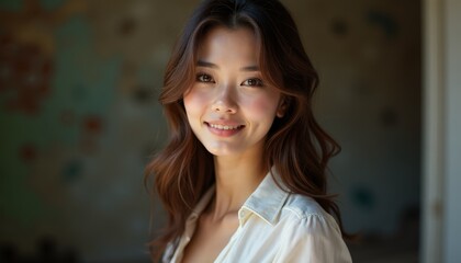 A woman in a white shirt smiles at the camera