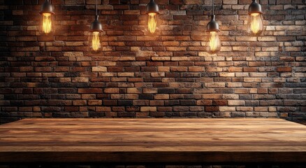 Rustic wooden table against brick wall with hanging Edison bulbs.