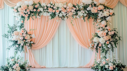 Elegant Photo Backdrop with Silk Drapes, Large Flowers, and Soft Lighting - Perfect for Sophisticated Shoots