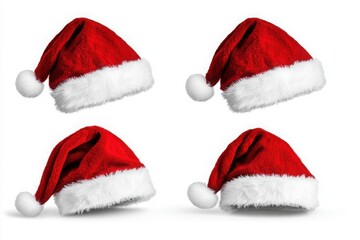 Set of four red Santa hats with white fur trim and pom-poms, perfect for Christmas celebrations and festive decorations.

