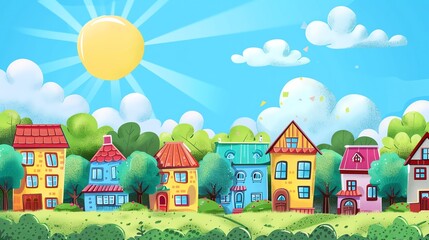 Fototapeta premium A cheerful cartoon illustration of a sunny neighborhood with colorful houses and green trees.