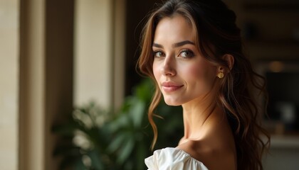 Fototapeta premium A woman in a white dress looking out a window