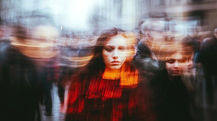 A woman in a red coat is looking at the camera. There are other people in the background