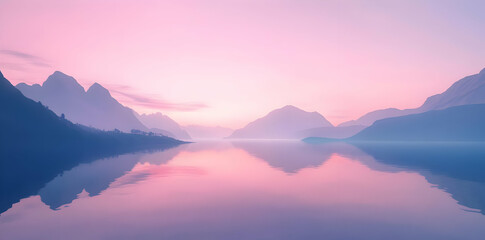 Fototapeta premium Serene landscape at dawn with mountains reflected in calm water.