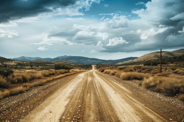 Fototapeta premium Scenic view of a long dirt road stretching through a dry desert landscape under a cloudy sky, hinting at adventure and exploration