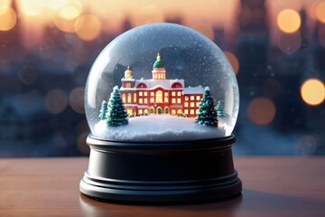 Snow Globe with a House Inside with a Blurred City Light Background