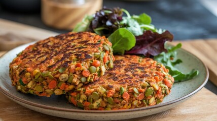 Vegetarian cutlets with red lentil vegetables. There are two large cutlets on the plate. Cutlets are made from red lentils, vegetables and spices. They are served with a side dish of greens.