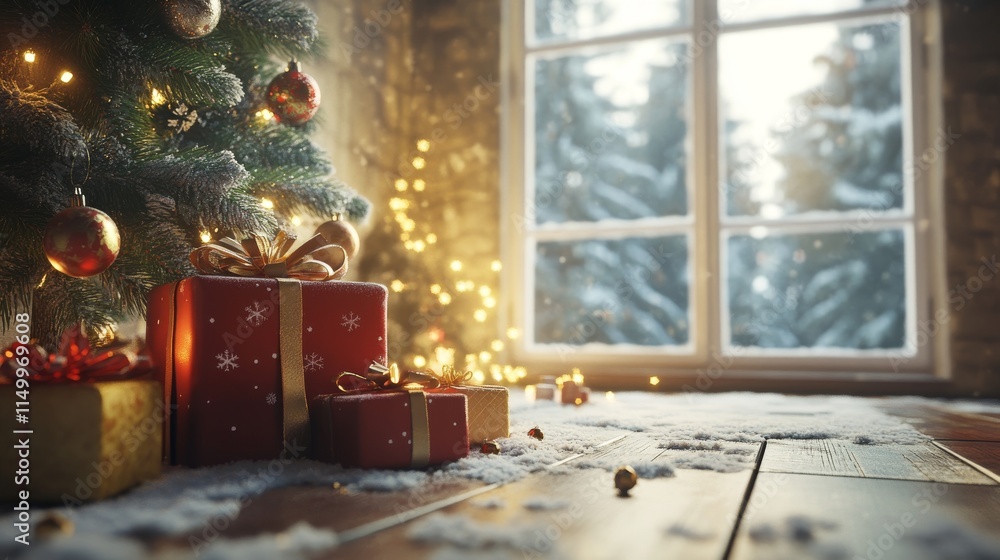 Poster a stack of beautifully wrapped christmas presents sits under a decorated tree in a warm, rustic home