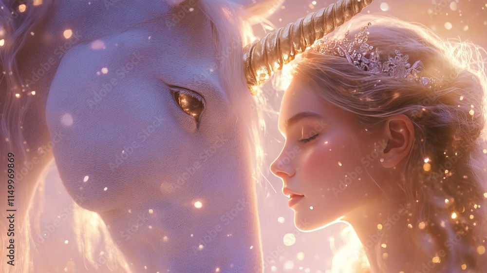 Poster A close-up view of a princess and a unicorn, their faces close as they share a moment of connection. The image is filled with soft glowing light, creating a magical and serene atmosphere, perfect for