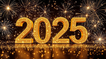 Golden 3D numerals. 2025 Happy New Year text with on light background