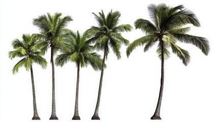 Obraz premium Five palm trees with lush green fronds isolated on a white background, ideal for tropical and design projects