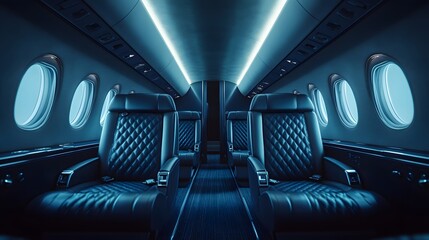 Fototapeta premium The interior of a luxurious private jet is presented with deep navy blue leather seats and polished chrome details in a symmetrical aisle view, capturing the high-end corporate atmosphere.