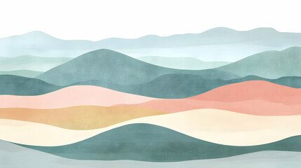 Abstract landscape illustration with soft, layered colors representing hills and valleys.