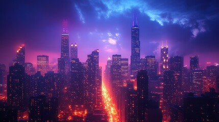 Fototapeta premium Night cityscape, vibrant purple, glowing skyscrapers.