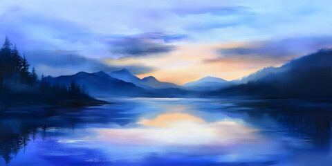 Fototapeta premium Serene landscape with mountains and a calm lake reflecting a colorful sky at dusk.