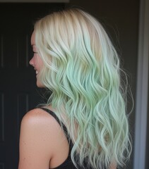Fototapeta premium A woman showcases her wavy hair, featuring a striking blend of blonde and soft mint green hues, styled elegantly to one side.