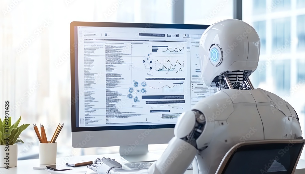 Poster business entrepreneur utilizing ai technology to enhance productivity, online ai assistant helping w