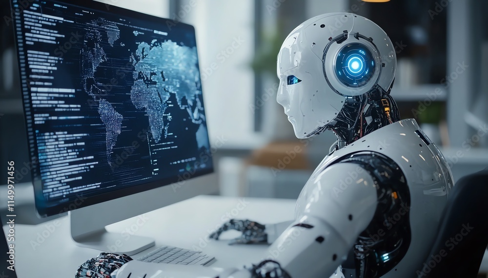 Poster business entrepreneur utilizing ai technology to enhance productivity, online ai assistant helping w