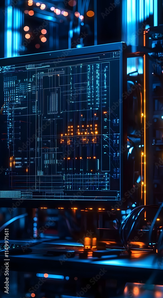 Poster a computer exhibiting a cad electrical project with a power grid design.