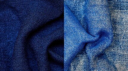 Fototapeta premium Two textures of blue fabric showcase varying shades and weaves, highlighting depth and softness in textile design.