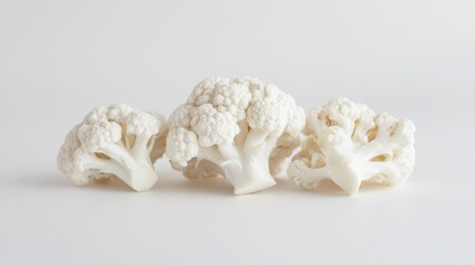 Three cauliflower florets on white background.