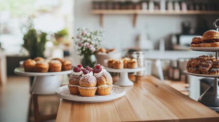 A table with a variety of pastries and cakes. There are cupcakes with raspberries on top, and a cake with a raspberry on top