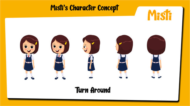 Cute little girl cartoon character model sheet. School girl character design model sheet. Turn around set, vector, illustration.