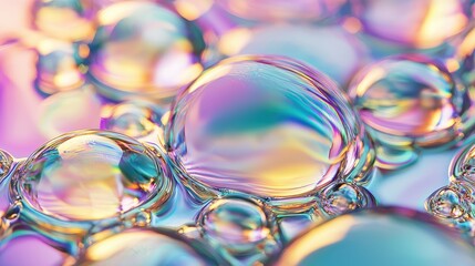 Colorful soap bubbles reflecting light in a vibrant, abstract arrangement, showcasing delicate textures and a mesmerizing spectrum of colors.
