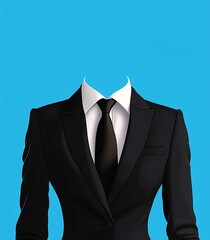  Black Women's Suit with White Shirt, Tie, and Blue Background for Photo Cutting in Flat Vector Style Template