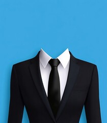  Black Women's Suit with White Shirt, Tie, and Blue Background for Photo Cutting in Flat Vector Style Template