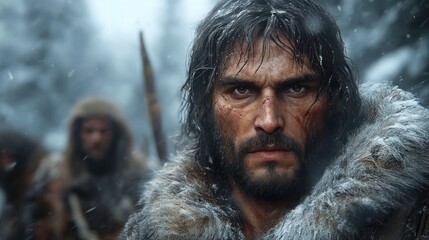 Grizzled man, snowy landscape, intense gaze.