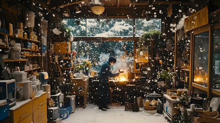 Snowy Workshop Winter Illustration
