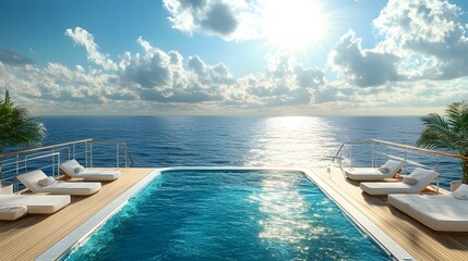 Fototapeta premium The infinity pool on a luxury cruise ship is depicted with turquoise water and an ocean view, creating a scene of relaxation and leisure, adorned with white deck chairs and a panoramic seascape.