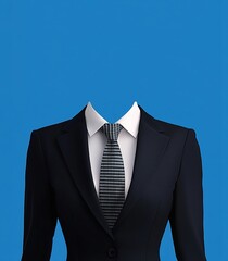  Black Women's Suit with White Shirt, Tie, and Blue Background for Photo Cutting in Flat Vector Style Template