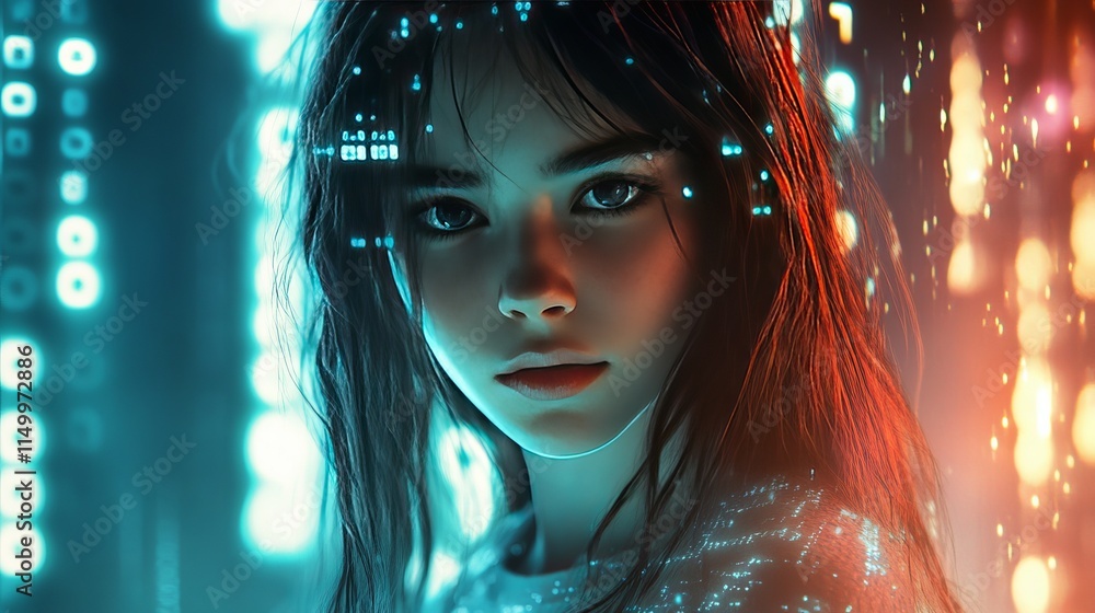Poster a woman gazes ahead in a futuristic digital environment filled with glowing binary code and holograp