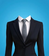  Black Women's Suit with White Shirt, Tie, and Blue Background for Photo Cutting in Flat Vector Style Template