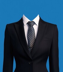  Black Women's Suit with White Shirt, Tie, and Blue Background for Photo Cutting in Flat Vector Style Template