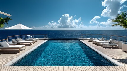 Fototapeta premium The infinity pool on a luxury cruise ship is depicted with turquoise water and an ocean view, creating a scene of relaxation and leisure, adorned with white deck chairs and a panoramic seascape.