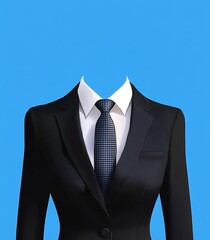  Black Women's Suit with White Shirt, Tie, and Blue Background for Photo Cutting in Flat Vector Style Template
