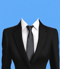  Black Women's Suit with White Shirt, Tie, and Blue Background for Photo Cutting in Flat Vector Style Template