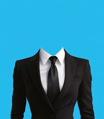  Black Women's Suit with White Shirt, Tie, and Blue Background for Photo Cutting in Flat Vector Style Template