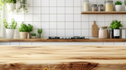 Empty wooden table in blurred kitchen. (6)