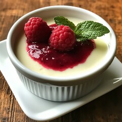 A decadent and creamy panna cotta with a raspberry coulis topping and a hint of vanilla, served in...